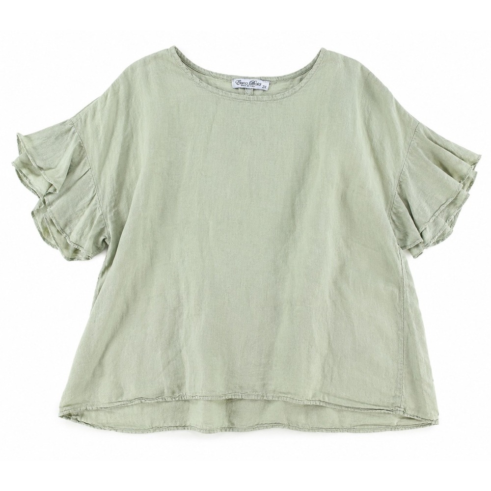 Elena Baldi 2X 100% Linen Blouse Sage Green Ruffle Sleeve Made Italy Lagenlook